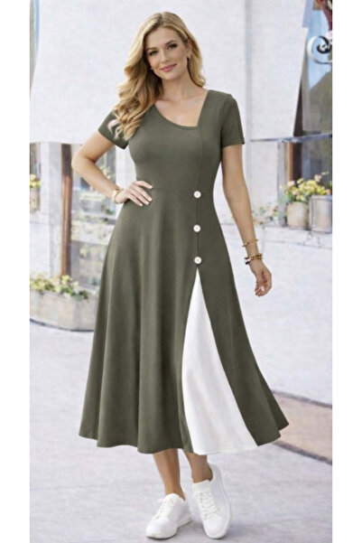 Kokosh moda Women's Asymmetrical Collar Buttoned Short Sleeve Viscose Dress