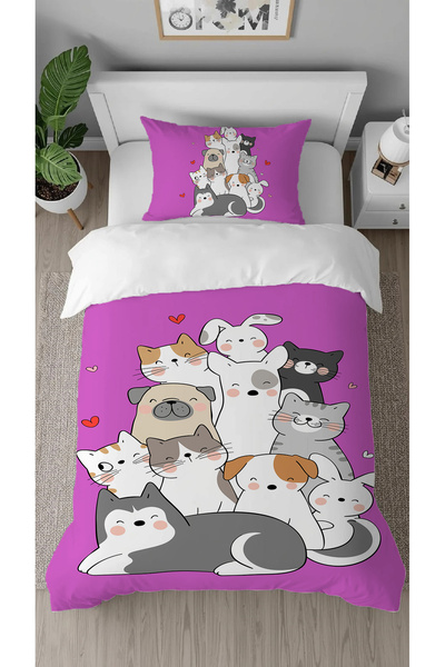 GREENDECOR Cute Cats Patterned Digital Printed Special Design Single Duvet Co...