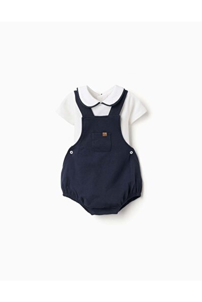 Ziddy Cotton Bodysuit + Romper Set For Newborn Boys, White/Dark Blue