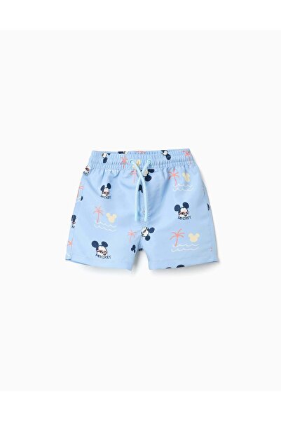 Ziddy Swim Shorts With Mickey Motif And Drawstring For Baby Boys, Light Blue