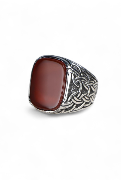 Mirari Jewelry Akik Taşlı Dikdörtgen Kesim Osmanlı Motifli Erkek Yüzük | Prem...