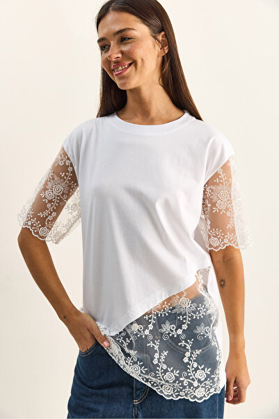 Bianco Lucci Women's Crew Neck Lace Garnished Asymmetrical Cut Relaxed Fit T-...