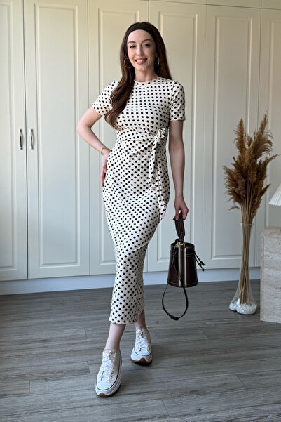 Dilay Gökoğlu Butik Πουά Φόρεμα από Μοντάλ Ύφασμα με Δέσιμο στη Μέση, Μίντι Μπεζ