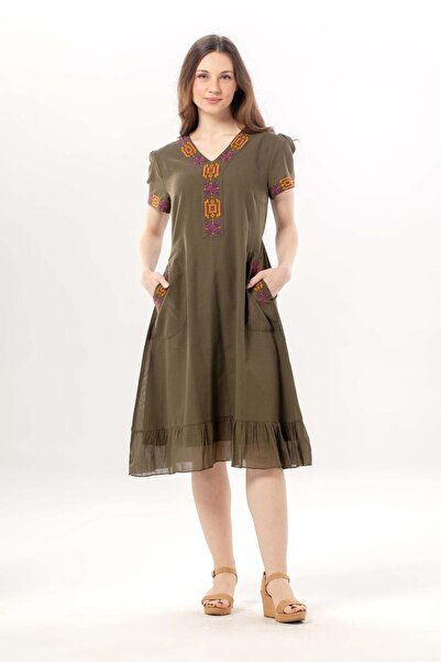 Eliş Şile Bezi Κοντομάνικο φόρεμα Feyza με λαιμόκοψη V, διπλές τσέπες, δεμένο...