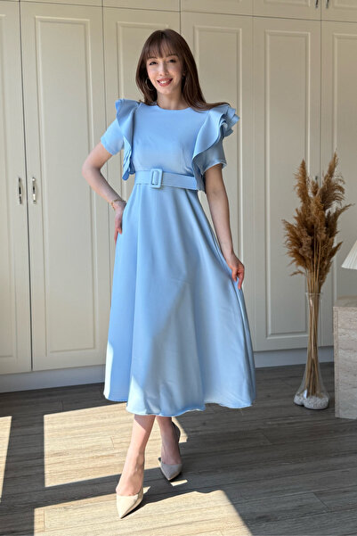 Dilay Gökoğlu Butik Φόρεμα με βολάν και ζώνη, μίντι, σε μπλε χρώμα