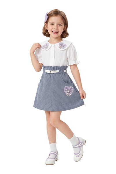 LADYGOLD KIDS Girl's Baby Collar Dress with Character Figures and Belt, Stylish Dress for Ages 6-9