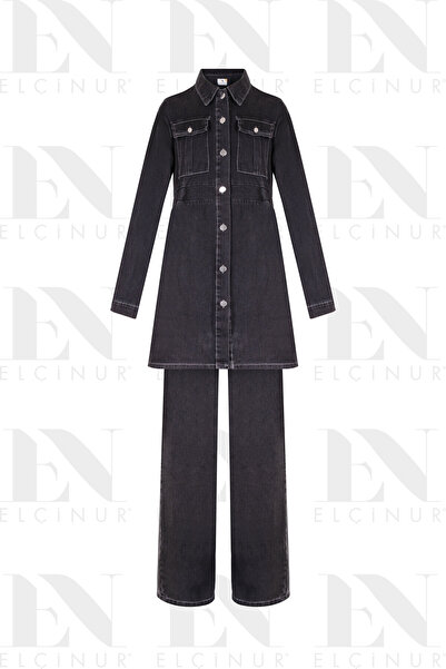 ELÇİNUR 26353 Denim Jeans Tunic Trousers Set – Modern Hijab Set with Buttoned...