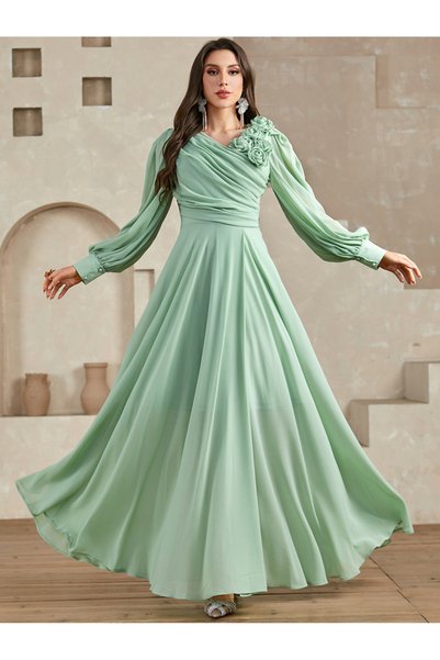 Take Two By Styli Green 3D Flower Detail Fold Pleat Maxi Dress