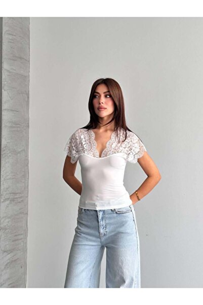 Shopping Shop Shoulder and Collar Lace Blouse White