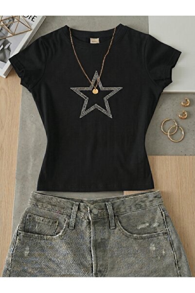 NİCE Γυναικείο μπλουζάκι με στάμπα από πέτρα με σχέδιο αστεριών - Κοντομάνικο...