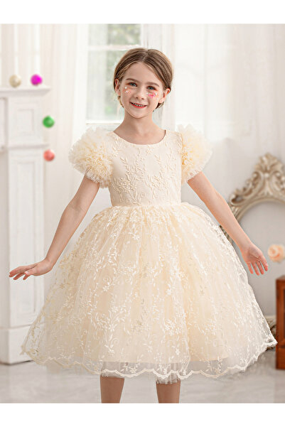 Take Two By Styli Girls Floral Mesh All Lace Bow Detail Party Dress