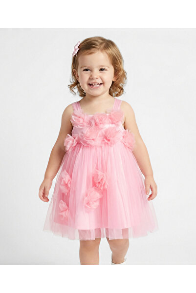 Bonfino Woven Sleeveless Mesh Party Dress with 3D Flowers - Light Pink