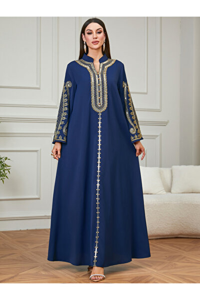 Take Two By Styli Navy Blue Embroidered Long Sleeves Jalabiya