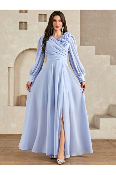 Take Two By Styli Blue 3D Flower Detail Fold Pleat Maxi Dress