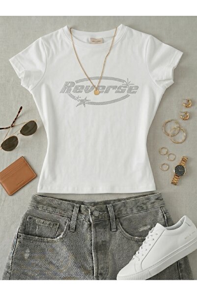 NİCE Γυναικείο μπλουζάκι με στάμπα από γραπτή πέτρα - Κοντομάνικο μπλουζάκι L...