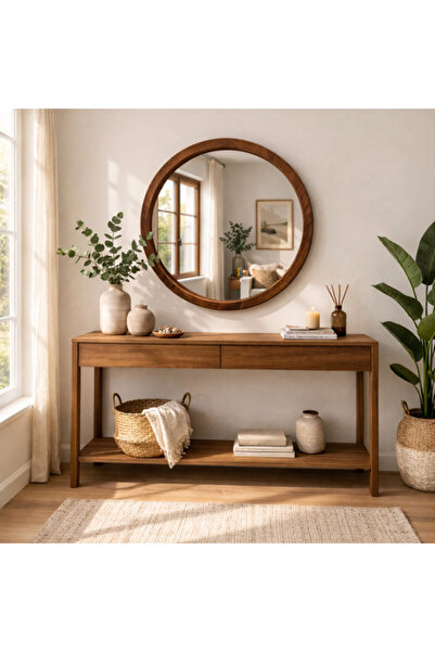 Aypars Atölye El Yapımı Masif Ahşap Çerçeveli Yuvarlak Ayna – Modern İskandin...