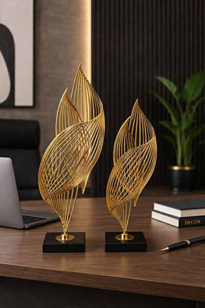 voliX Dizayn Gold İkili İllüzyon Metal Biblo Seti - Modern Dekoratif Salon Ak...