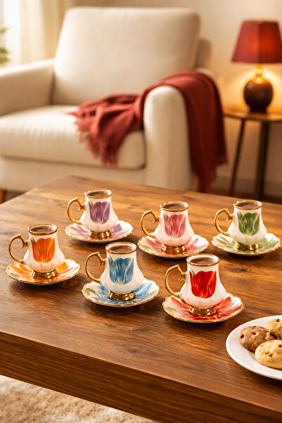 Porsima 16987 Otto Altın Yaldızlı Porselen 6 Kişilik Fincan Seti 12 Parça Tür...