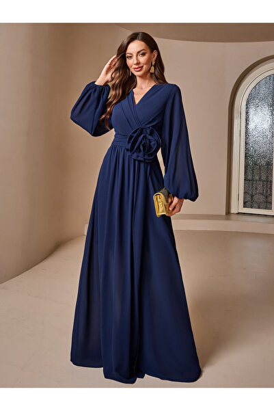 Take Two By Styli Navy Blue Solid Lantern Sleeve A-Line Maxi Dress with Flowe...