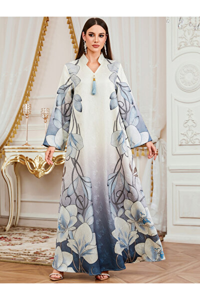 Take Two By Styli Blue Floral Print Tassel Detail A-Line Jalabiya