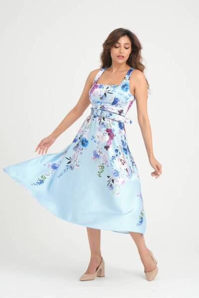 FRIST STYLE Elegant Satin Turkish Dress in Sky Blue