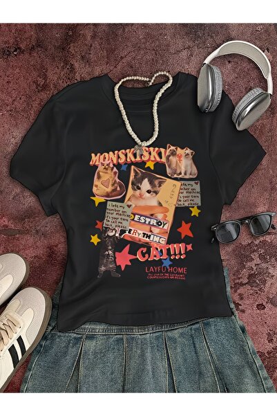 Touz Moda Κοντή Μπλούζα με Ζώνη, Ρετρό, Μονσκίσκι, Στυλ CatCrop