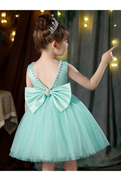 Take Two By Styli Girls Pearl Decor Bow Tie Deep V-Back Princess Party Dress