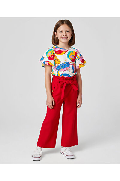 Ollington St. Printed Half Sleeves Top & Knit Culottes Set - Multicolor & Red