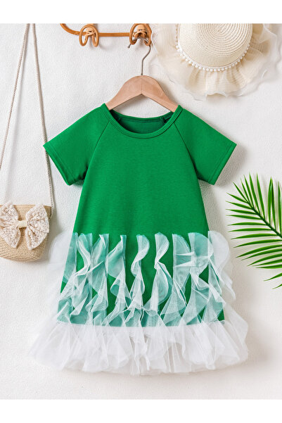 Take Two By Styli Girls Mesh Detail Hem Raglan Sleeve Dress
