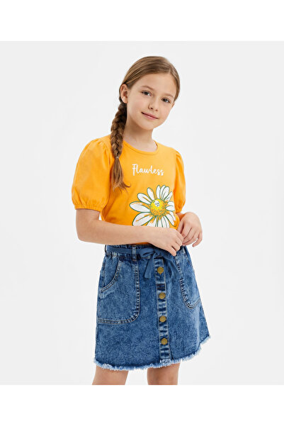Ollington St. Knit Half Sleeves Top with Floral Print & Denim Skirt - Yellow ...