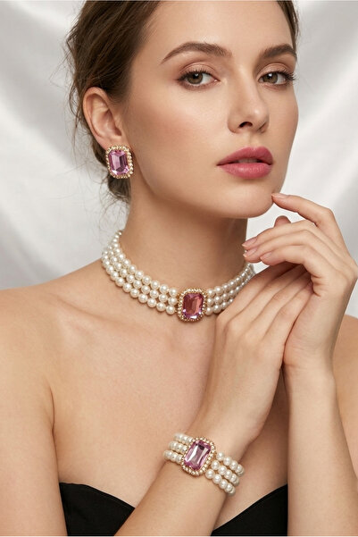 Happyline İncili pembe baget taşlı gold kaplama inci choker kolye tasarım şık...