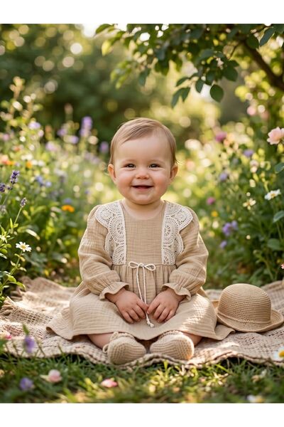 Cherrys Bebek Guipure Detailed Muslin Baby Girl Dress