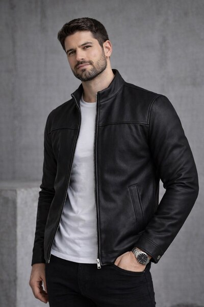 BASEL.CO Εποχιακό δερμάτινο μπουφάν από ανθρακονήματα με στενή εφαρμογή και ό...