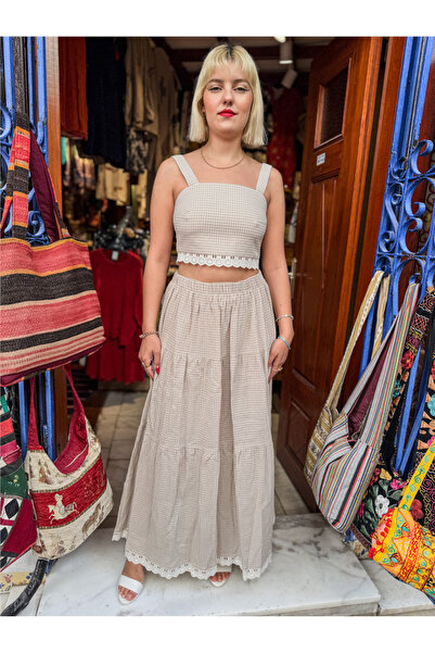 Miss Boheme Beige Color Gingham Patterned Skirt and Crop Set