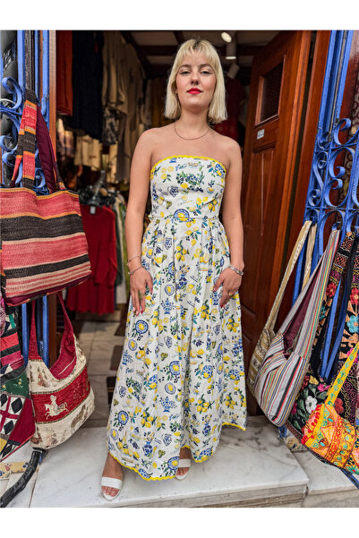 Miss Boheme Sarı Renk Çini Desenli Straplez Bohem Elbise