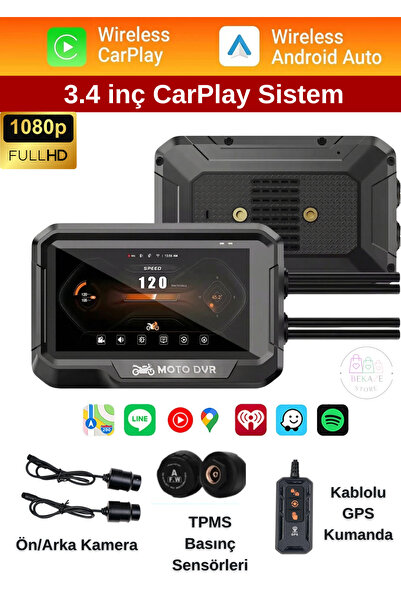 BEKAZE Motosiklet DVR 3.4” HD Çift Kamera CarPlay Android Auto GPS Su Geçirme...