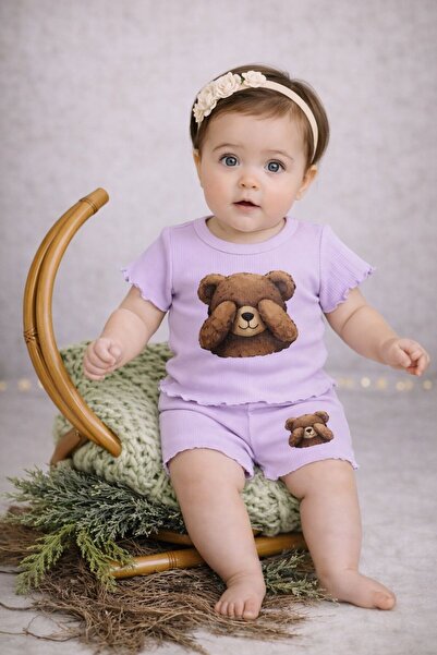neocotton طقم شورت مضلع مكون من قطعتين مطبوع عليه دمية دب للفتيات الصغيرات