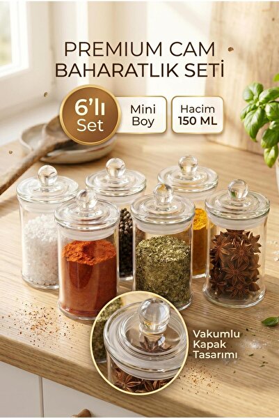 HomeTarz 6-Piece Mini Glass Jar Spice Rack Set - Vacuum Lid, 6X150 ml