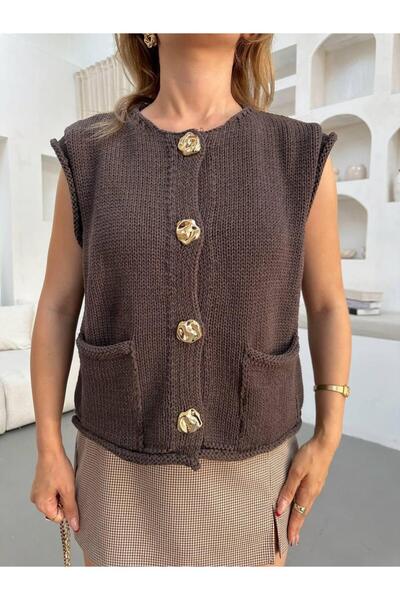 Flarsky Women's Large Button Detailed Pocketed Knitwear Vest