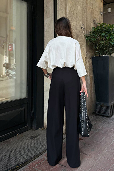 Ortaya Çık Siyah Kemerli Pileli Kumaş Palazzo Pantolon