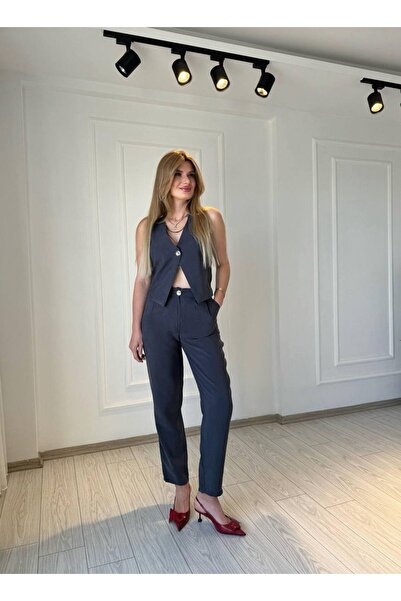 D'RECCY Women's Buttoned Fabric Vest High Waist Fabric Pants Casual Suit