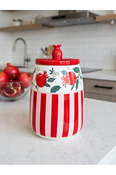 Bereketli Store Narlı Desenli 2400 ml Porselen Kapaklı Dekoratif Saklama Kava...