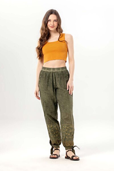 Eliş Şile Bezi Γυναικείο παντελόνι ποπλίνα με ελαστική μέση, αυθεντικό κέντημ...