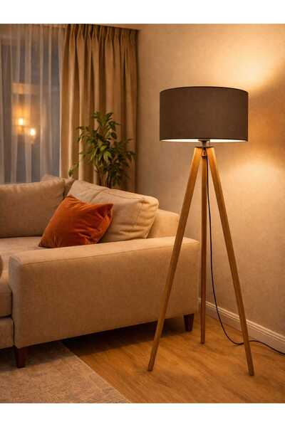 menalART Ağaç Tasarım Tripod Ahşap 3 Ayaklı Lambader Kahverengi Abajur Kumaş ...