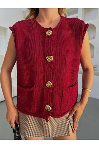 Flarsky Women's Large Button Detailed Pocketed Knitwear Vest