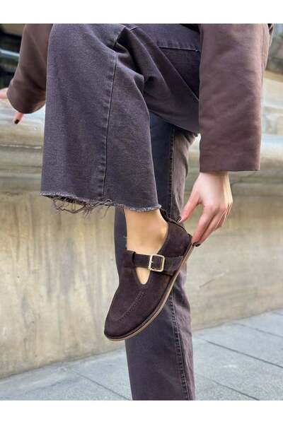 ERVANIN BUTİĞİ Brown Genuine Leather (Faina) Women's Shoes with Gold Adjustable Buckle Detail