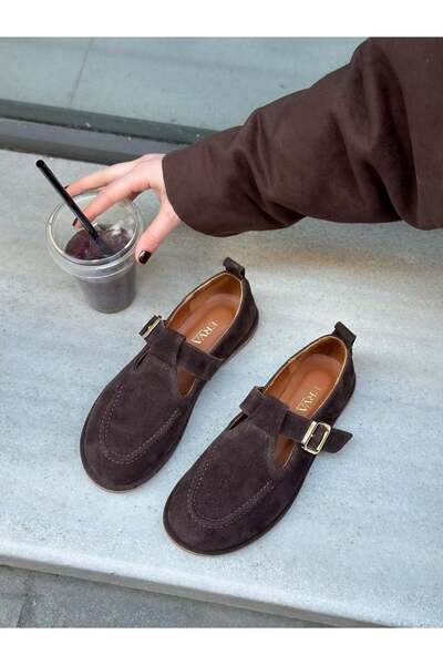 ERVANIN BUTİĞİ Brown Genuine Leather (Faina) Women's Shoes with Gold Adjustab...