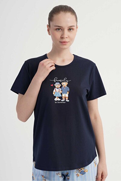 OBJE Women's Navy Blue Lyc Suprem Short Sleeve Pajama Top