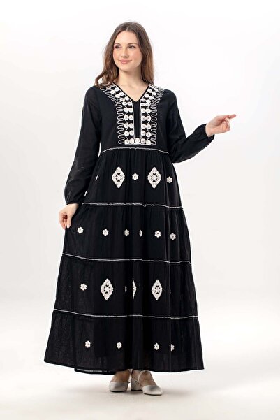 Eliş Şile Bezi Long Sleeve Yakamoz V-Neck Embroidered Şile Fabric Long Sequin...