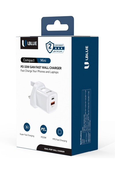UBLUE 33 واط كحد أقصى، نحيف للغاية، PD 3.0، PPS، QC 3.0، مادة ABS+PC مقاومة للحريق من الفئة V0، شحن سريع، أبيض